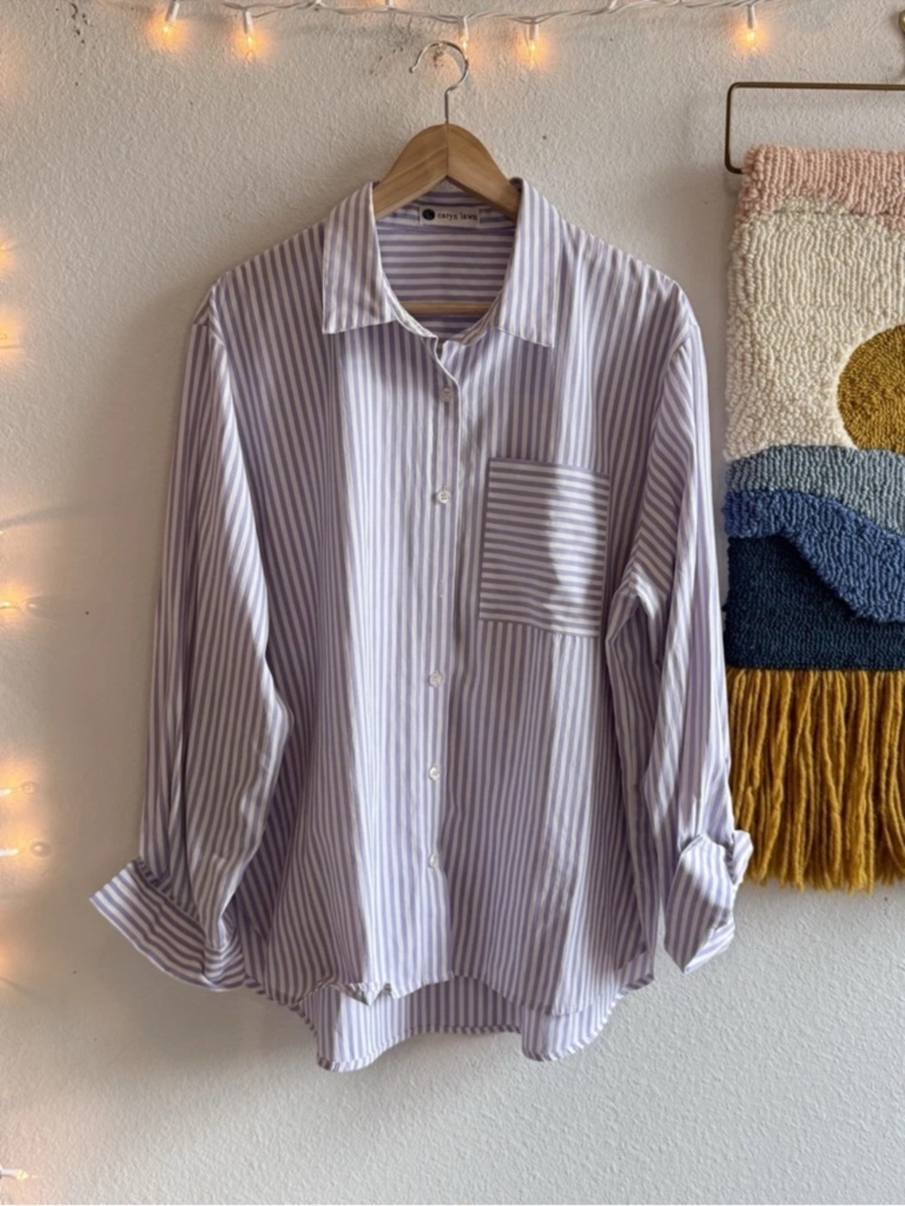 Caryn Lawn Shirt Pinstripe Button Boxy Purple White Stripe Collared OS Oversized